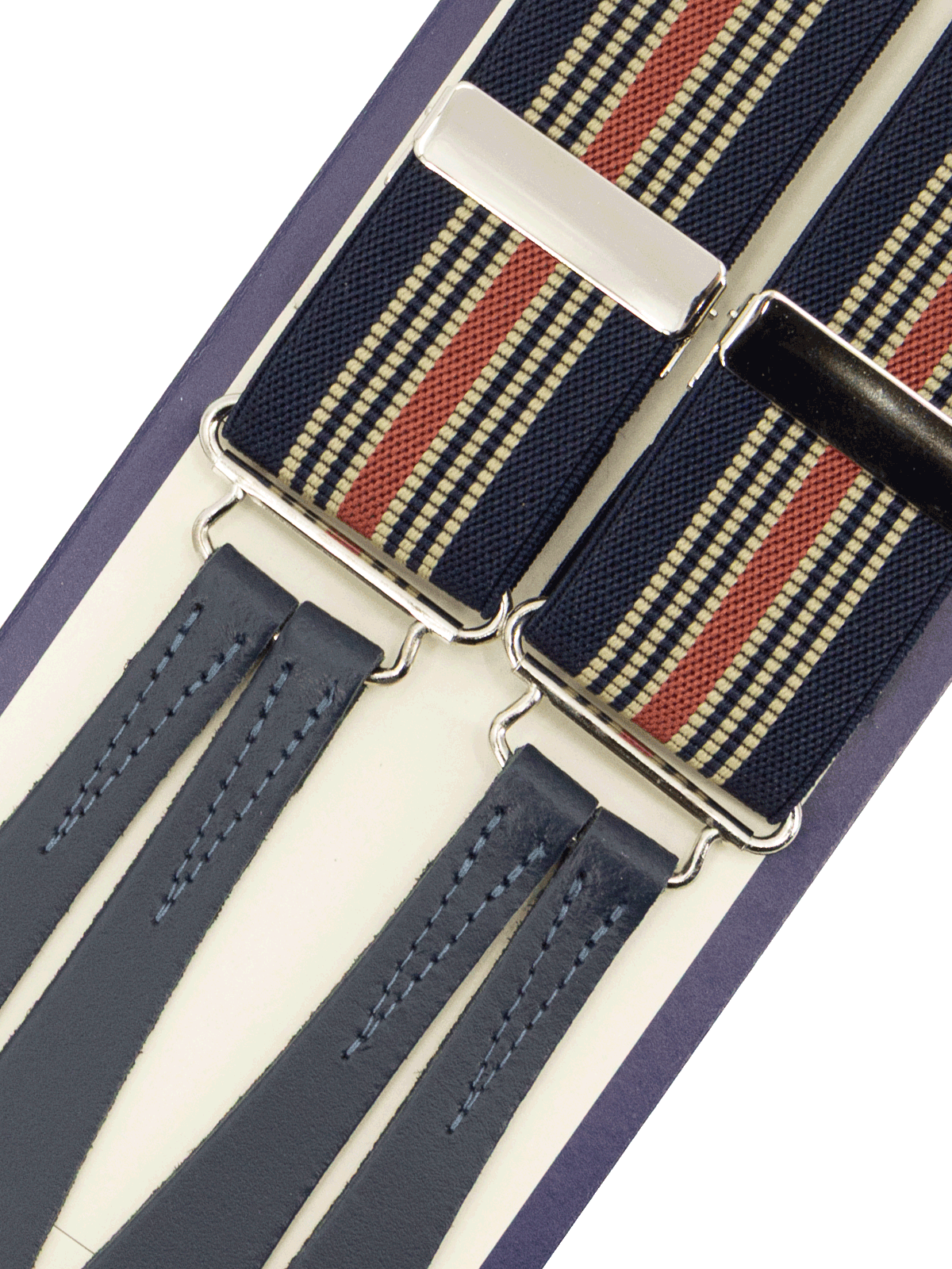 Navy & Salmon Stripe 1940s Style Braces with Leather Loops