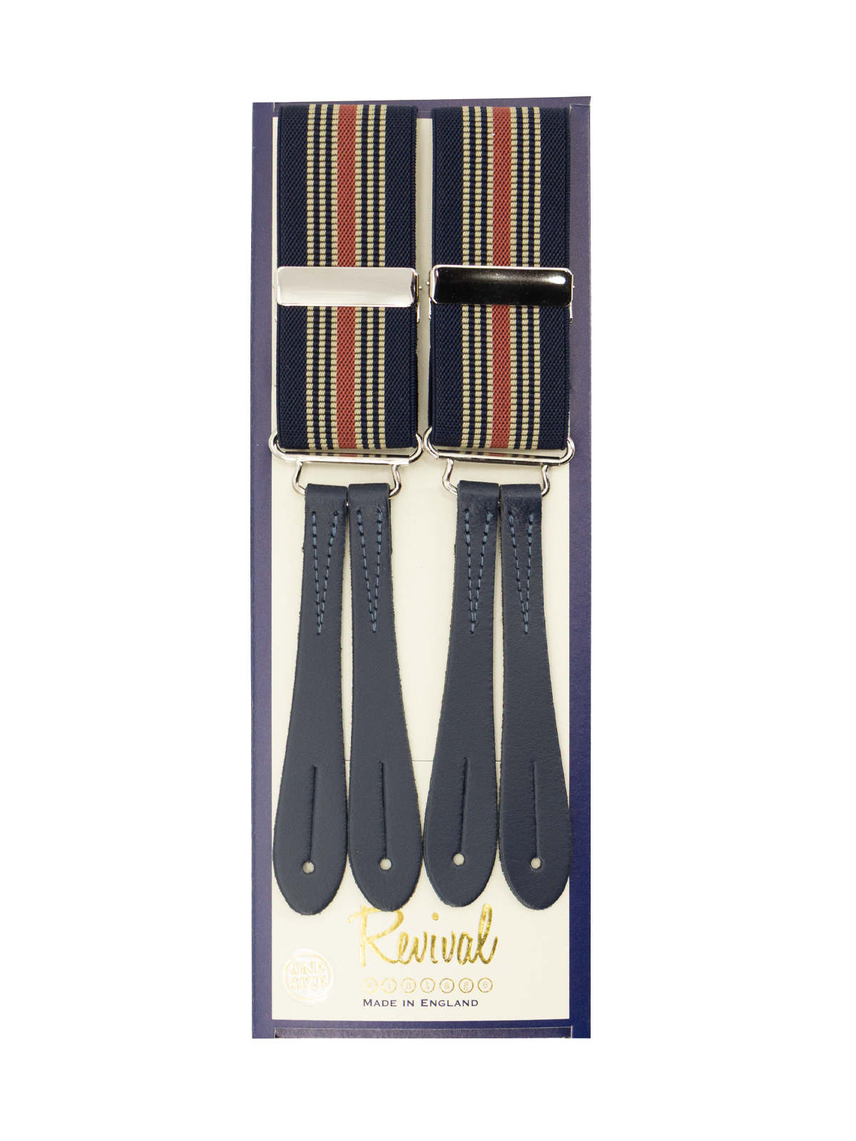 Navy & Salmon Stripe 1940s Style Braces with Leather Loops